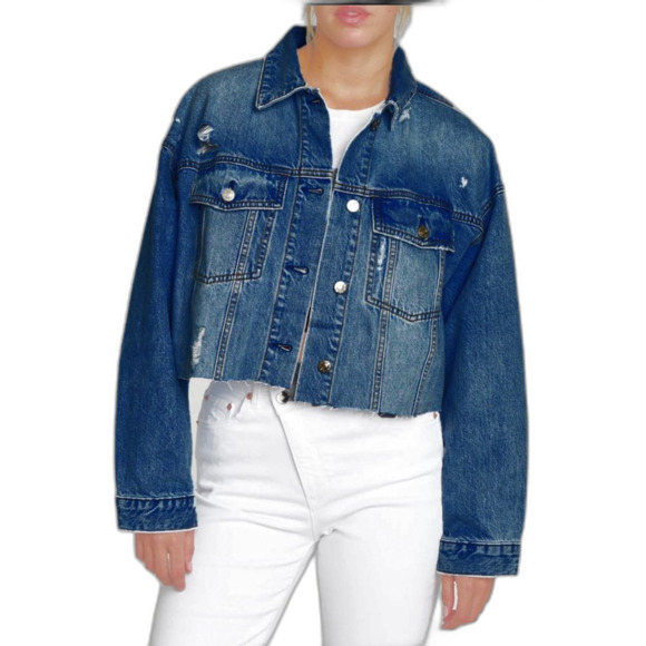 Daze Denim The Main Squeeze Crop  Distressed Trucker Denim Jacket in Throwdown M - Picture 1 of 13